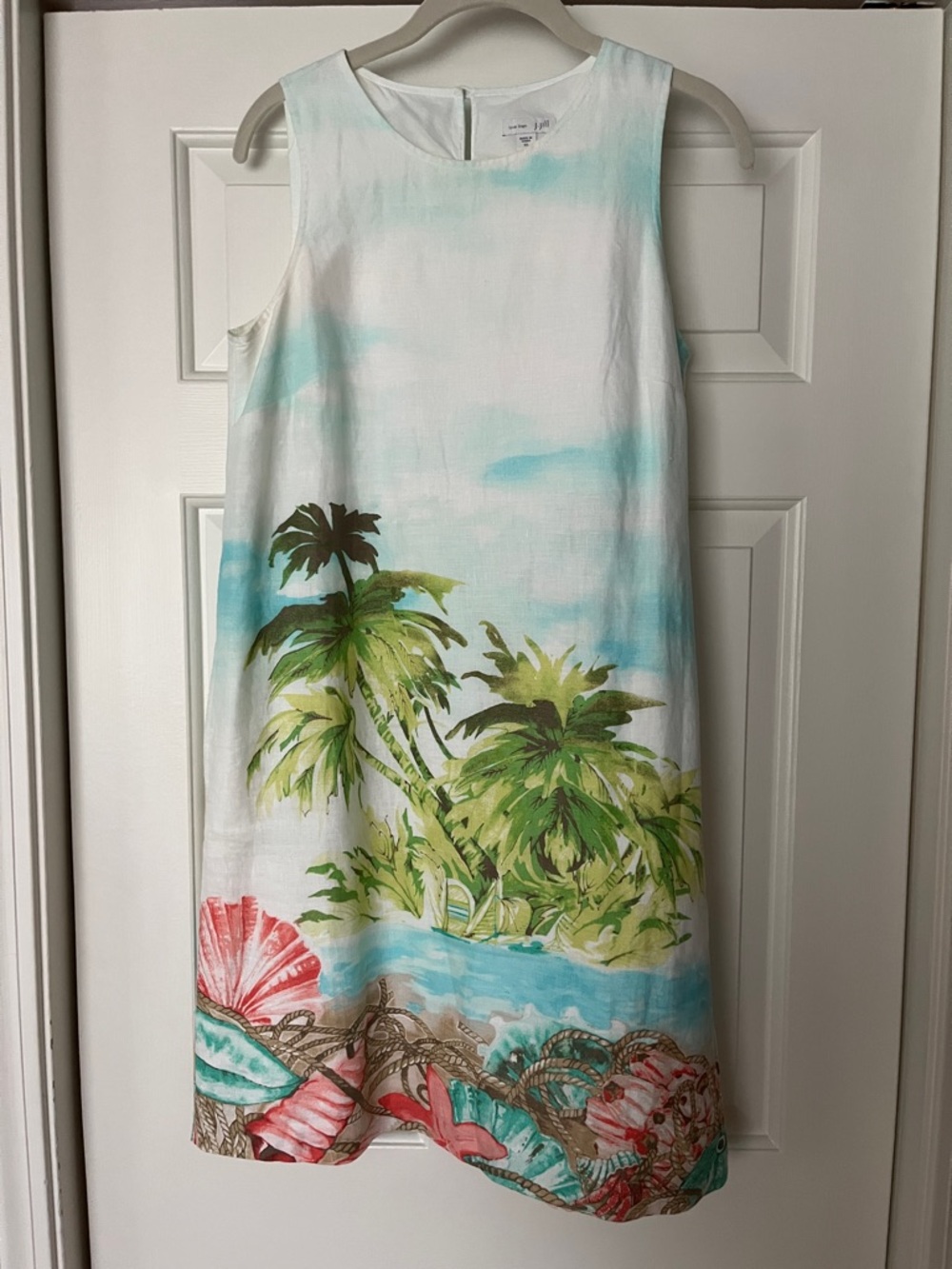 J. Jill White Tropical Palm Print Shift Dress with Aqua and Green Accents